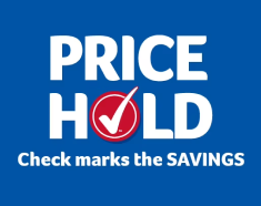 Text that reads "price hold. Check marks the savings" on a blue background