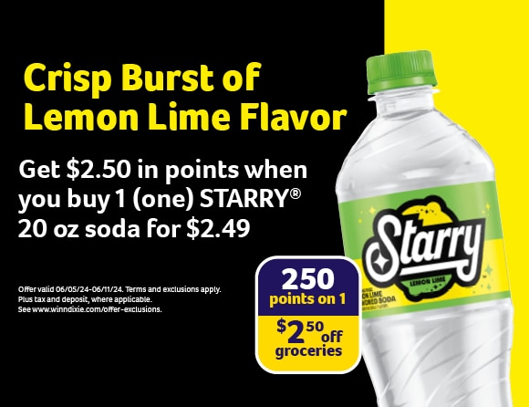 STARRY® Lemon Lime 20 oz soda bottle on the right side against a black and yellow background. The text reads 