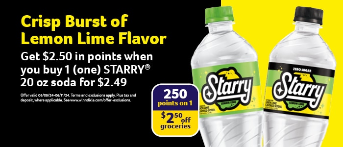 STARRY® Lemon Lime 20 oz soda bottle on the right side against a black and yellow background. The text reads 