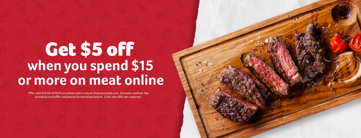 Red background featuring icons of grilling items and the text '$5 discount when spending $15 or more on meat online next to a wooden board with grilled steak slices, onions, and peppers.
